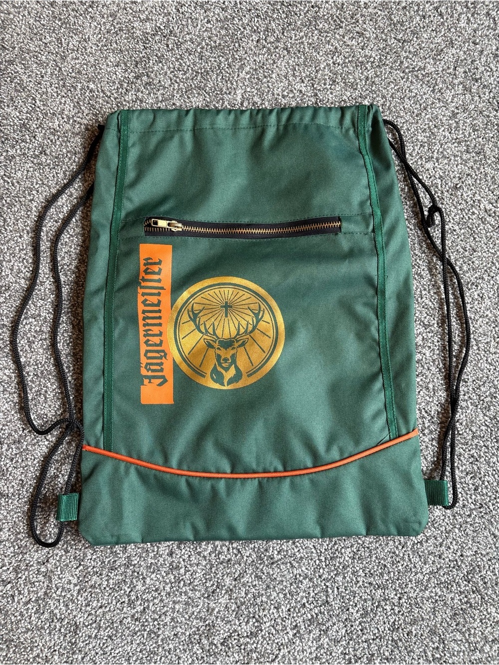 Yagermeister Drawstring Backpack Cinch Bag Green w Zipper Pocket in Front